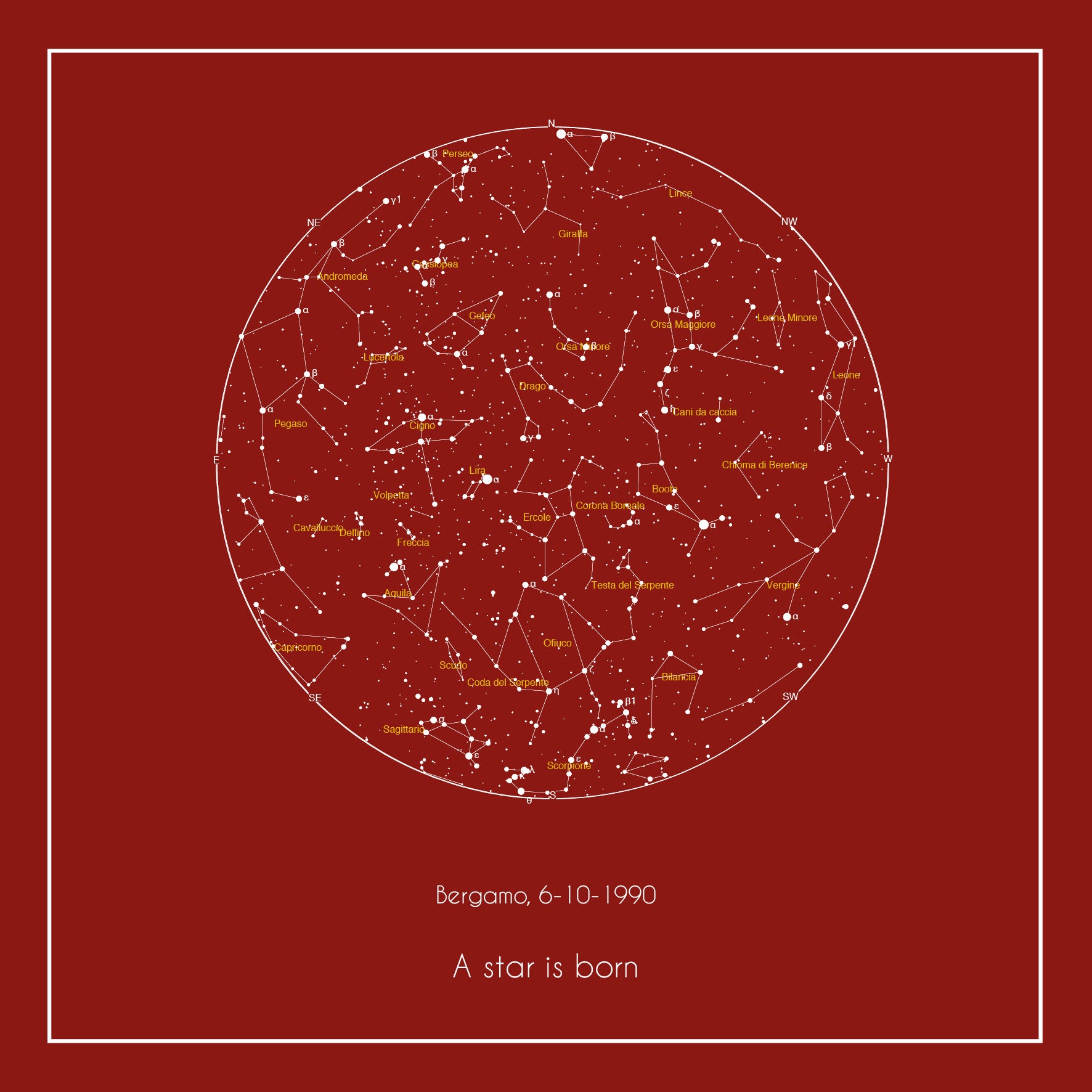 Mappa stellare 30x30 cm con nome costellazioni e bordino
