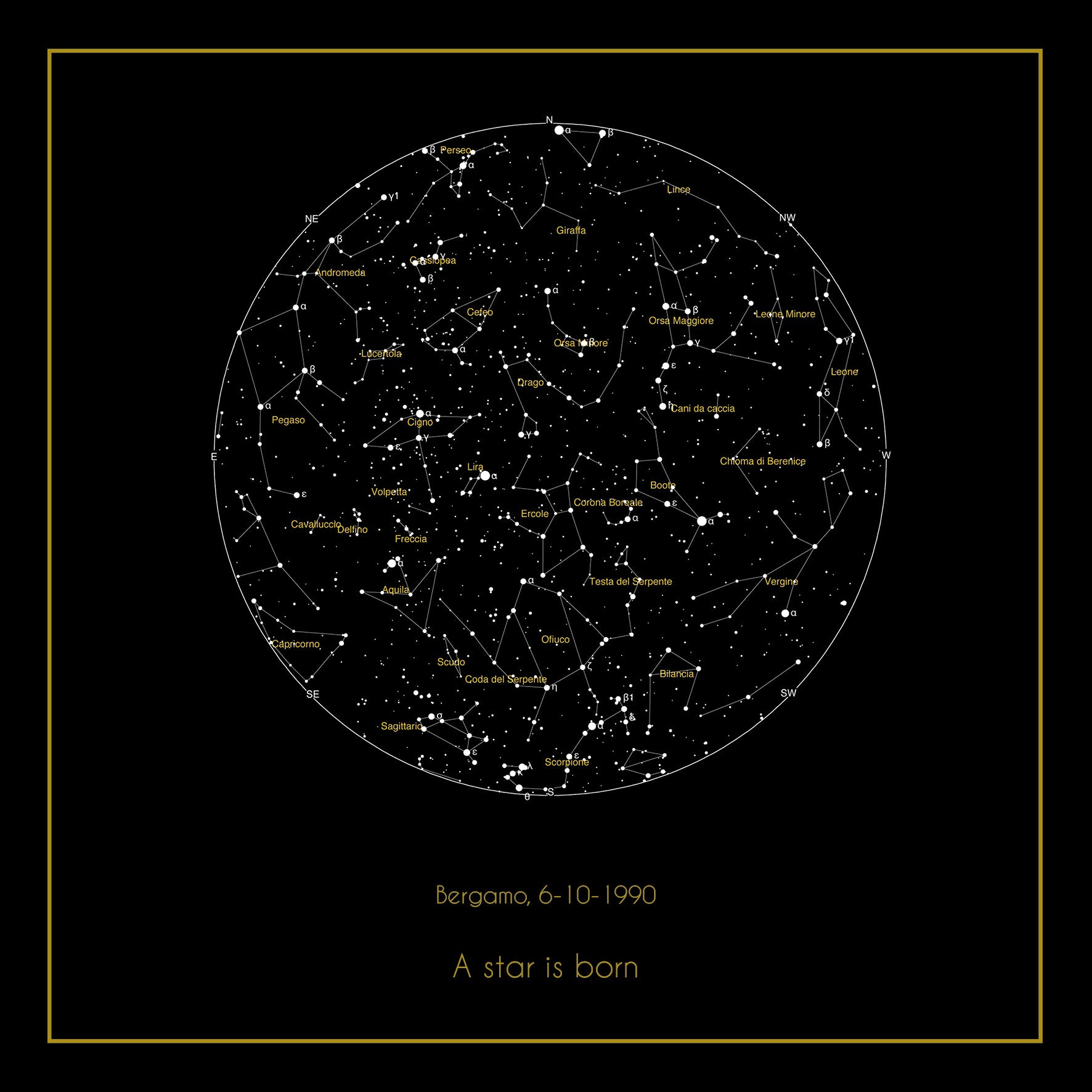 Mappa stellare 30x30 cm con nome costellazioni e bordino