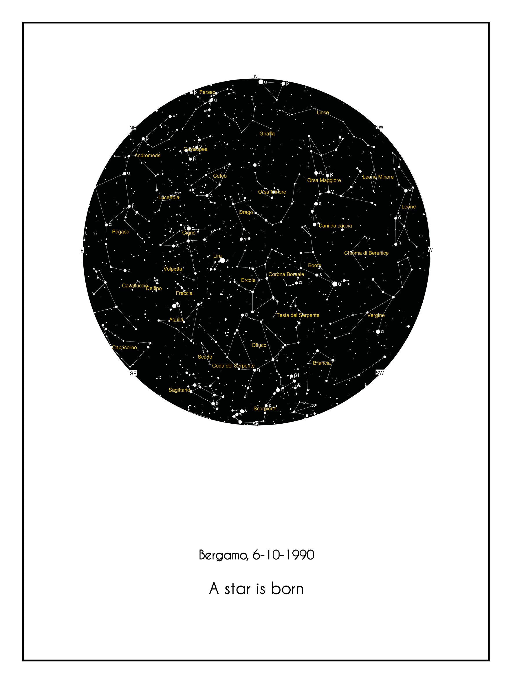 Mappa stellare 30x40 cm con nomi costellazioni e bordino