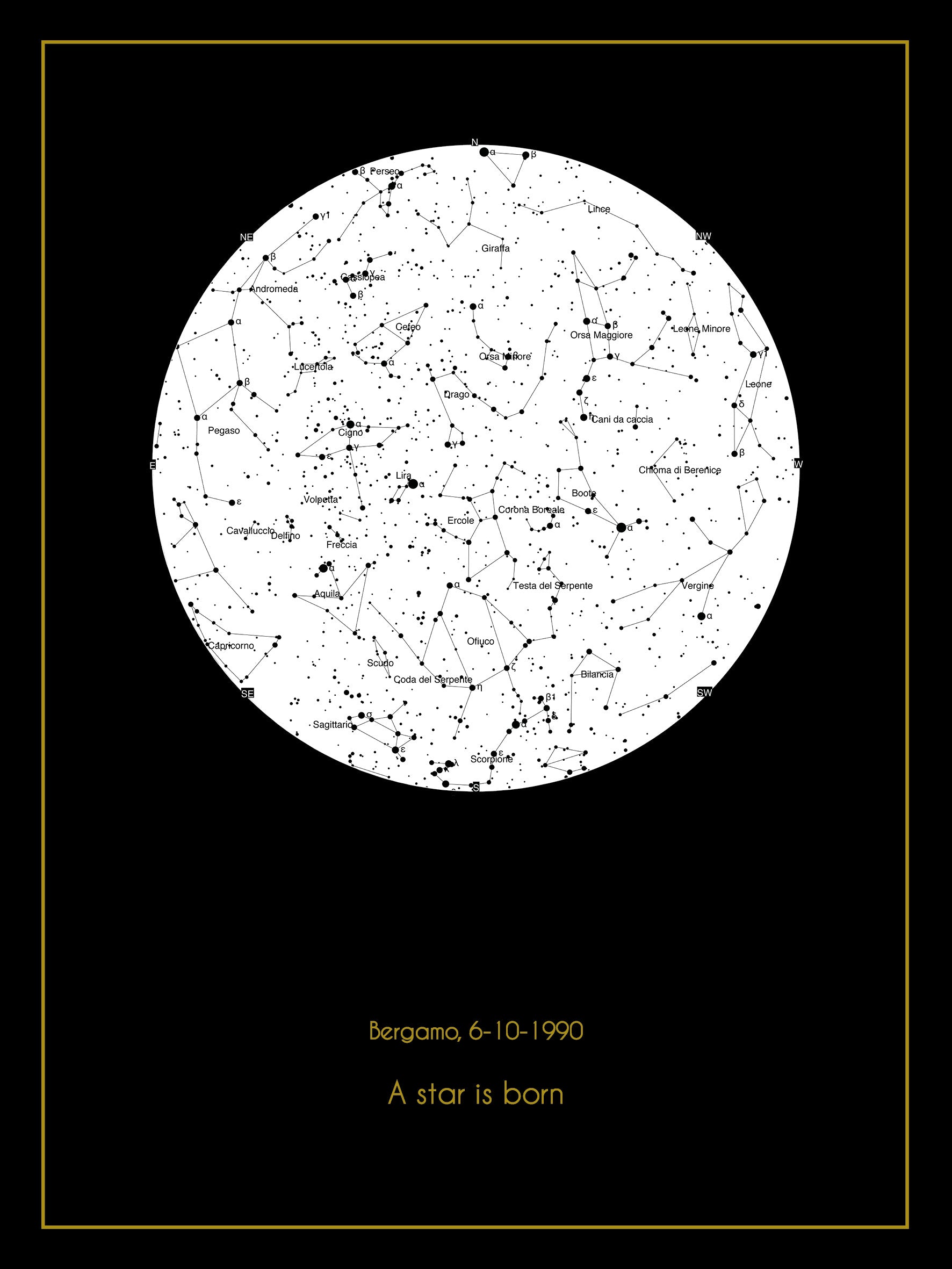 Mappa stellare 30x40 cm con nomi costellazioni e bordino